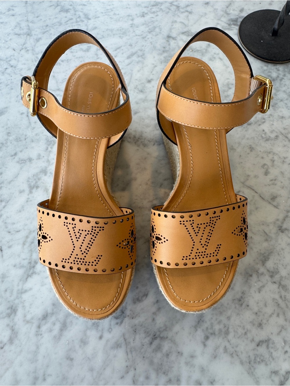 Louis Vuitton Tan Perforated Monogram Wedge Sandals